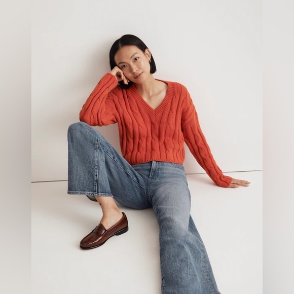 Madewell Cable Knit V-Neck Sweater Cropped Cozy Orange Size XS - Picture 10 of 12